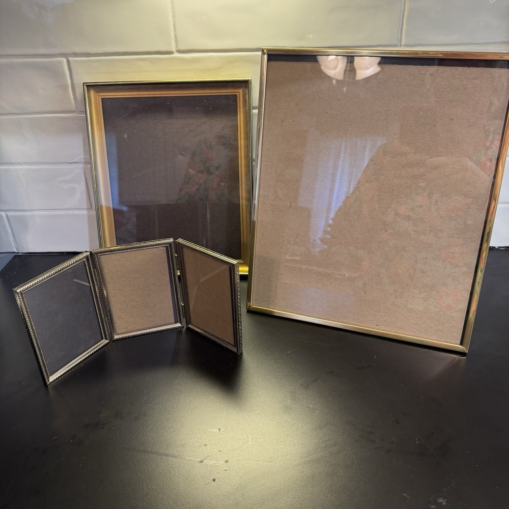Vintage‎  Mixed Lot of 3 Metal Picture Photo Frames Brass Gold Tri-fold Stand Up